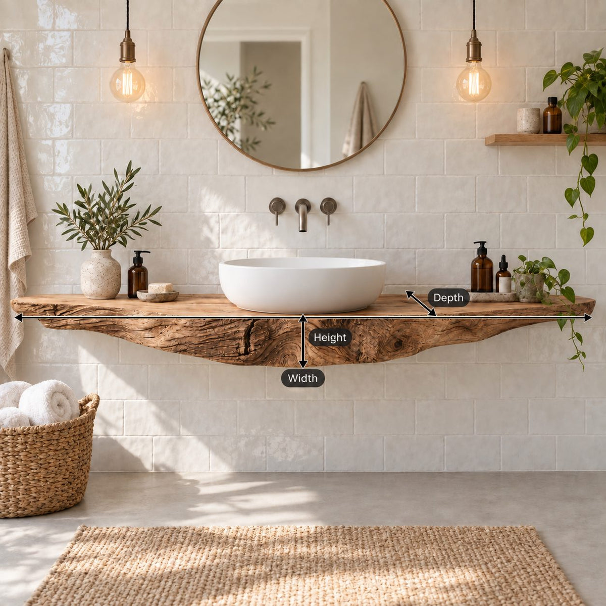 Floating Live-Edge Solid Wood Bathroom Vanity | Single Vessel-Sink Reclaimed Wood Washstand, Bathroom & Powder Room