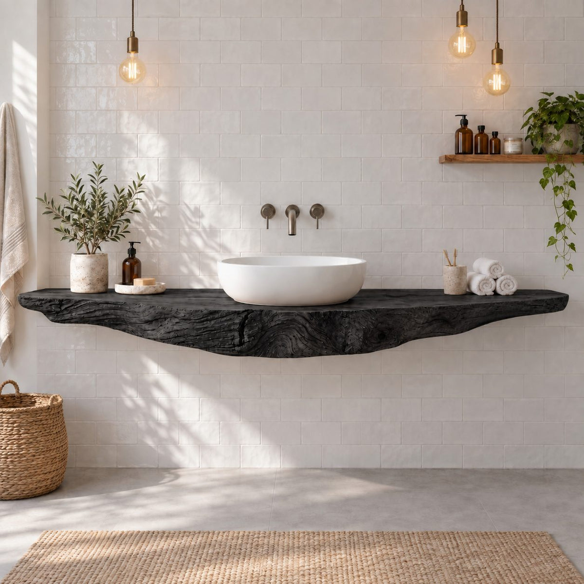 Floating Live-Edge Solid Wood Bathroom Vanity | Single Vessel-Sink Reclaimed Wood Washstand, Bathroom & Powder Room