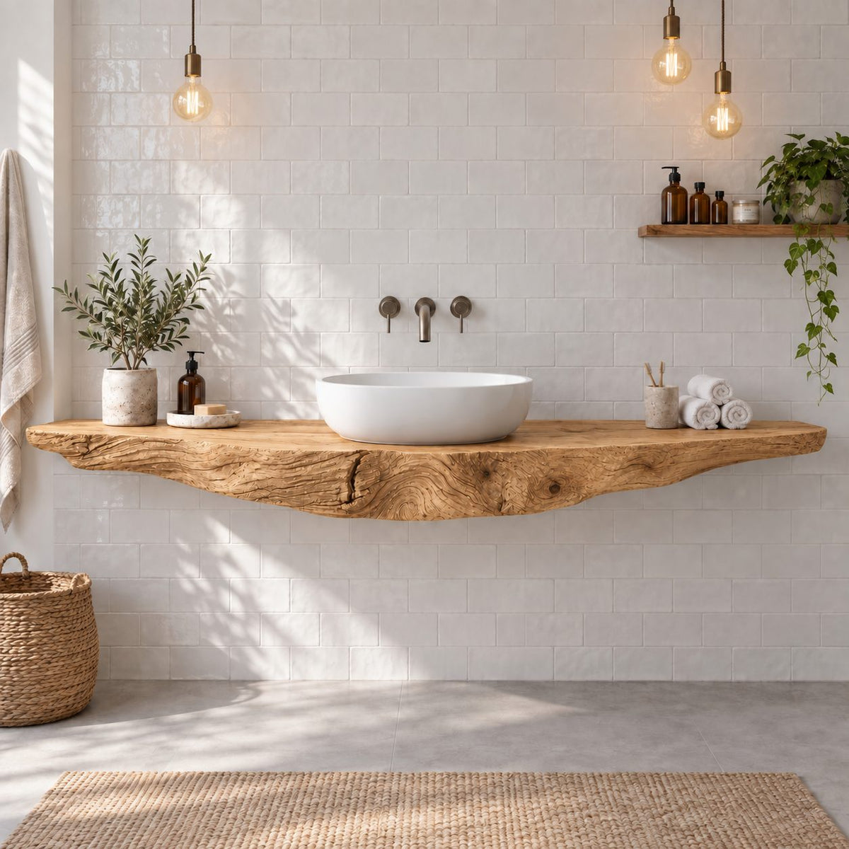 Floating Live-Edge Solid Wood Bathroom Vanity | Single Vessel-Sink Reclaimed Wood Washstand, Bathroom & Powder Room