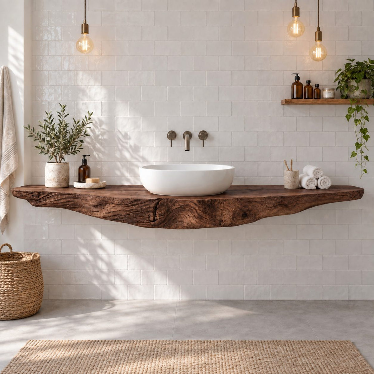 Floating Live-Edge Solid Wood Bathroom Vanity | Single Vessel-Sink Reclaimed Wood Washstand, Bathroom & Powder Room