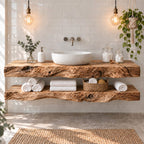 Two-Tier Floating Solid Wood Bathroom Vanity | Live-Edge Vessel-Sink Washstand with Open Towel Shelf, Bathroom