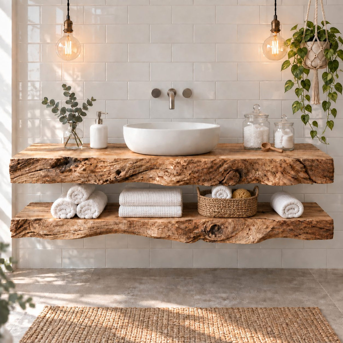 Two-Tier Floating Solid Wood Bathroom Vanity | Live-Edge Vessel-Sink Washstand with Open Towel Shelf, Bathroom