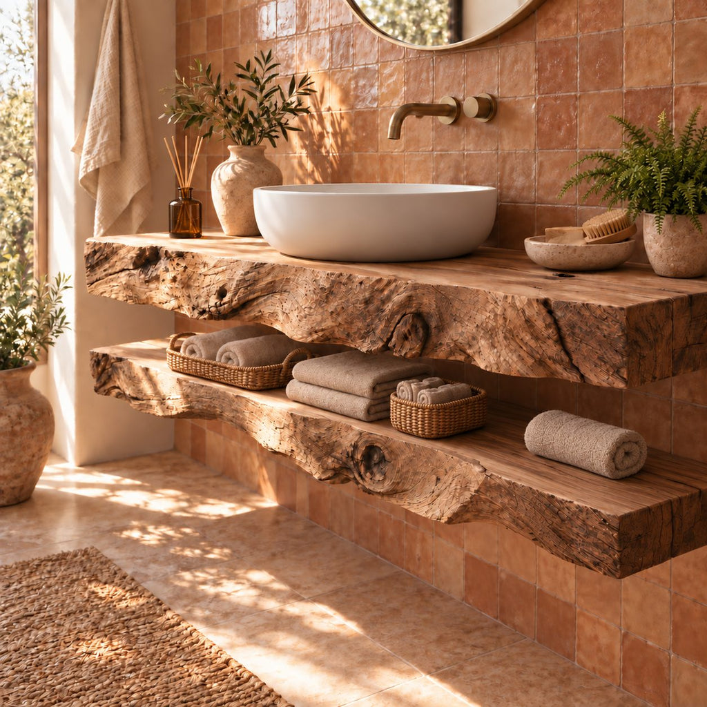 Two-Tier Floating Solid Wood Bathroom Vanity | Live-Edge Vessel-Sink Washstand with Open Towel Shelf, Bathroom