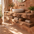 Two-Tier Floating Solid Wood Bathroom Vanity | Live-Edge Vessel-Sink Washstand with Open Towel Shelf, Bathroom
