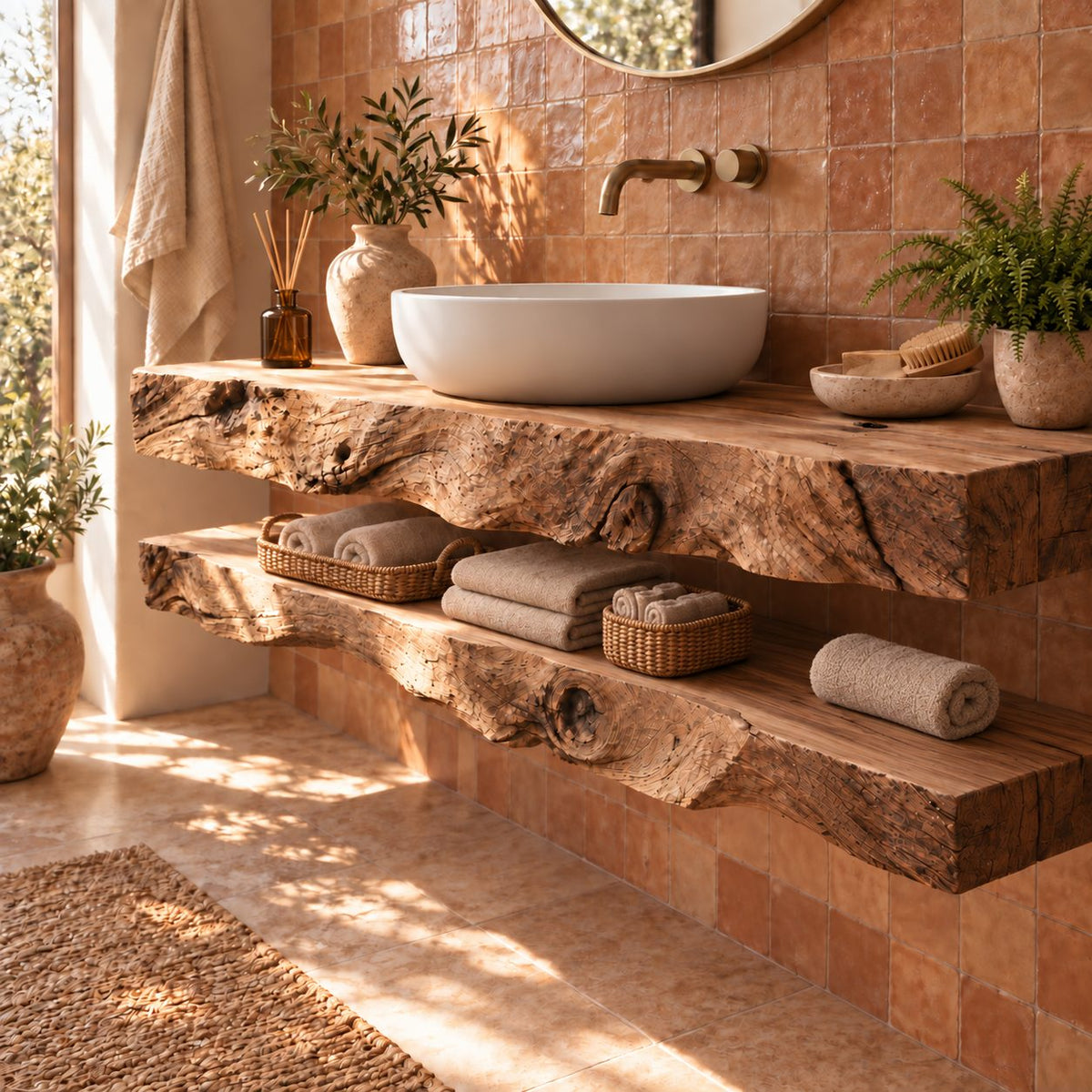 Two-Tier Floating Solid Wood Bathroom Vanity | Live-Edge Vessel-Sink Washstand with Open Towel Shelf, Bathroom