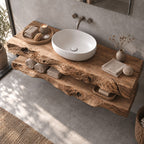 Two-Tier Floating Solid Wood Bathroom Vanity | Live-Edge Vessel-Sink Washstand with Open Towel Shelf, Bathroom