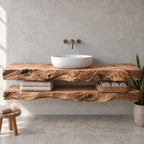 Two-Tier Floating Solid Wood Bathroom Vanity | Live-Edge Vessel-Sink Washstand with Open Towel Shelf, Bathroom