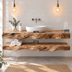 Two-Tier Floating Solid Wood Bathroom Vanity | Live-Edge Vessel-Sink Washstand with Open Towel Shelf, Bathroom
