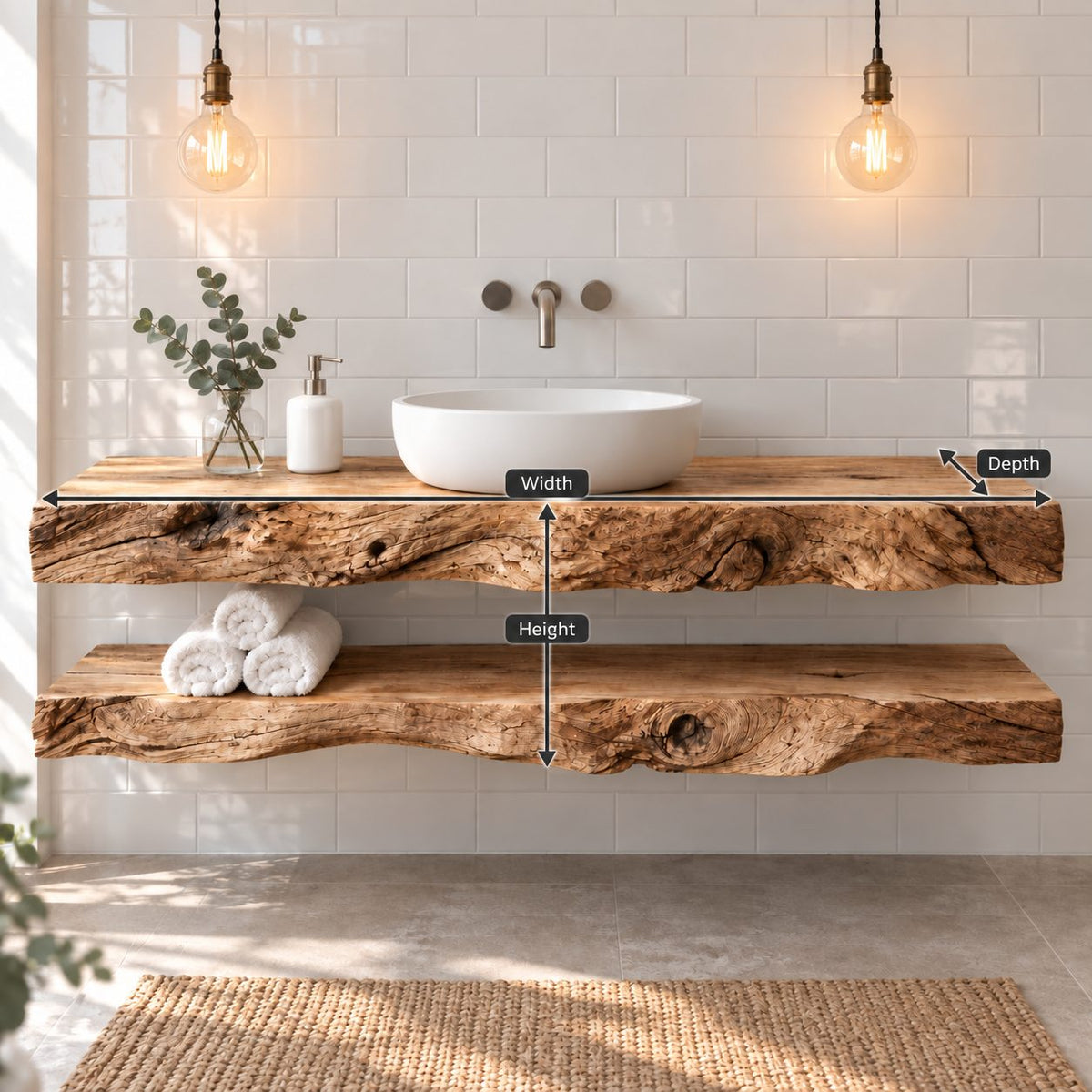 Two-Tier Floating Solid Wood Bathroom Vanity | Live-Edge Vessel-Sink Washstand with Open Towel Shelf, Bathroom