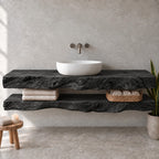 Two-Tier Floating Solid Wood Bathroom Vanity | Live-Edge Vessel-Sink Washstand with Open Towel Shelf, Bathroom