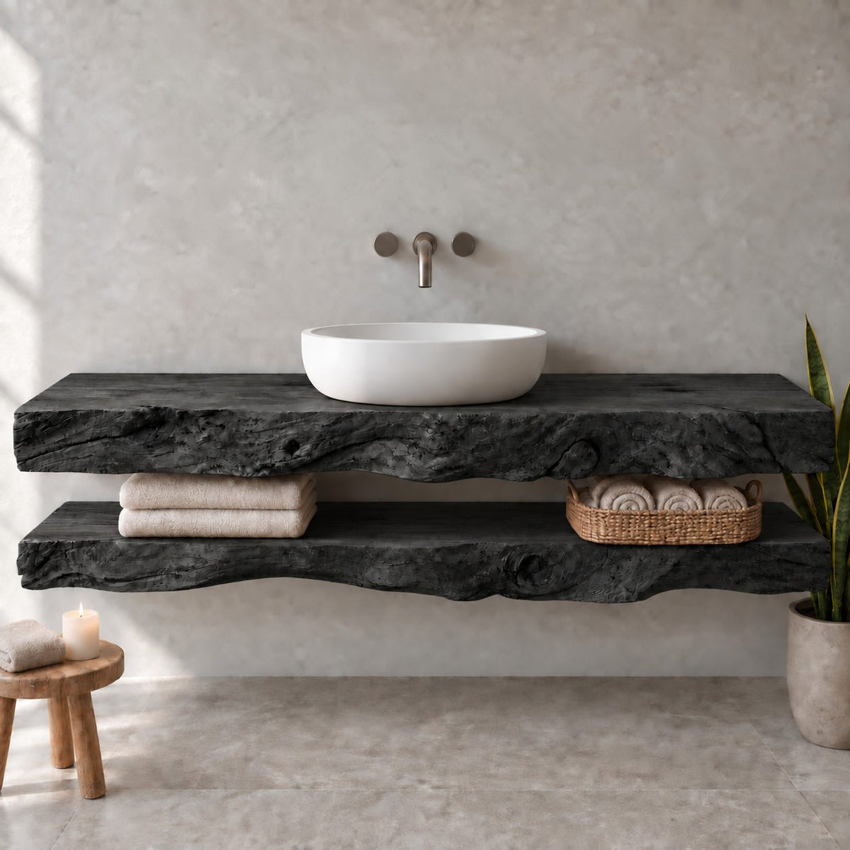 Two-Tier Floating Solid Wood Bathroom Vanity | Live-Edge Vessel-Sink Washstand with Open Towel Shelf, Bathroom