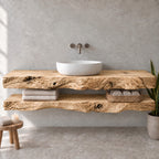 Two-Tier Floating Solid Wood Bathroom Vanity | Live-Edge Vessel-Sink Washstand with Open Towel Shelf, Bathroom