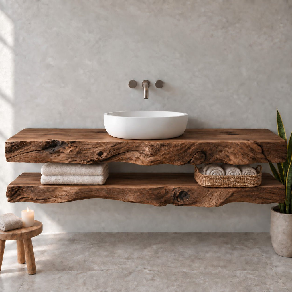 Two-Tier Floating Solid Wood Bathroom Vanity | Live-Edge Vessel-Sink Washstand with Open Towel Shelf, Bathroom