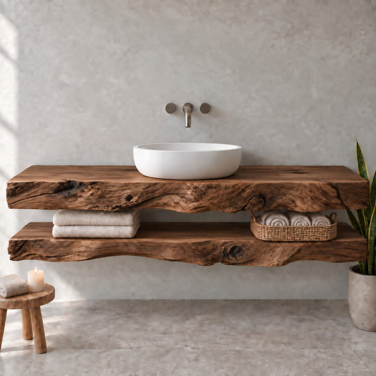 Two-Tier Floating Solid Wood Bathroom Vanity | Live-Edge Vessel-Sink Washstand with Open Towel Shelf, Bathroom