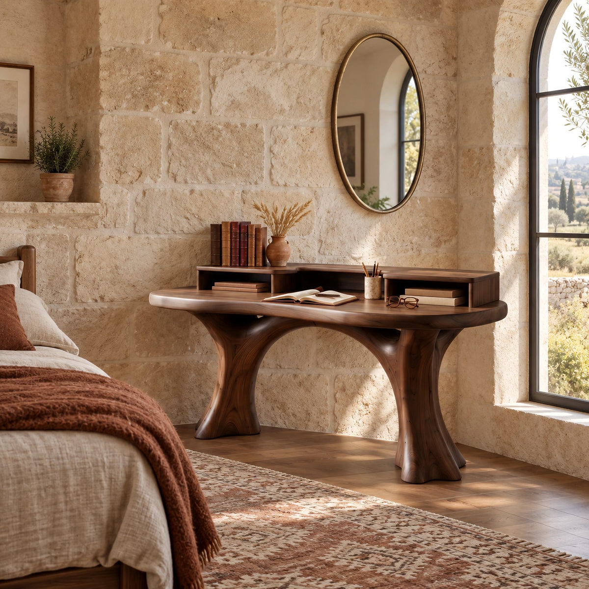 Sculptural Curved Writing Desk With Open Cubby Riser For Study Room