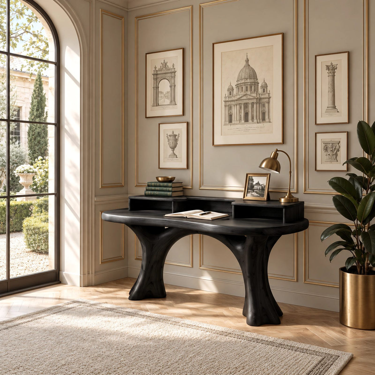 Sculptural Curved Writing Desk With Open Cubby Riser For Study Room