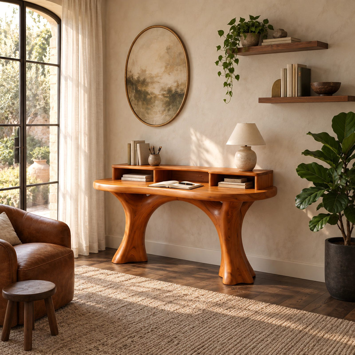 Sculptural Curved Writing Desk With Open Cubby Riser For Study Room