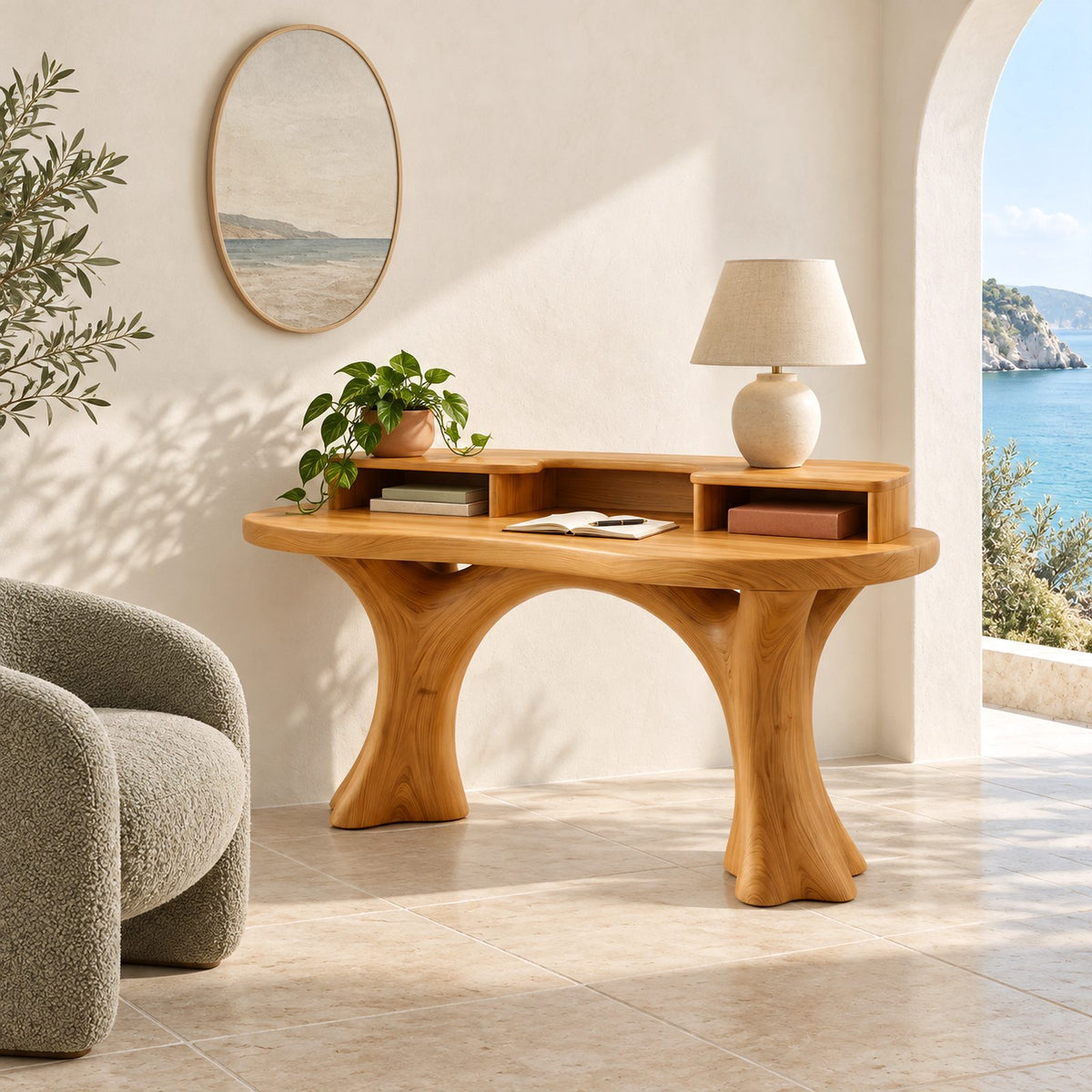 Sculptural Curved Writing Desk With Open Cubby Riser For Study Room