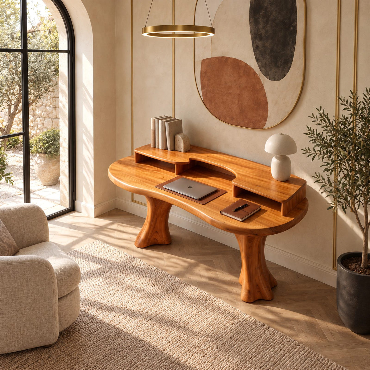 Sculptural Curved Writing Desk With Open Cubby Riser For Study Room