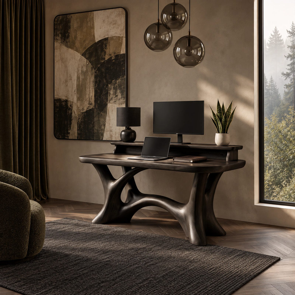 Artisan Sculpted Computer Desk With Flowing Branch Legs For Home Office