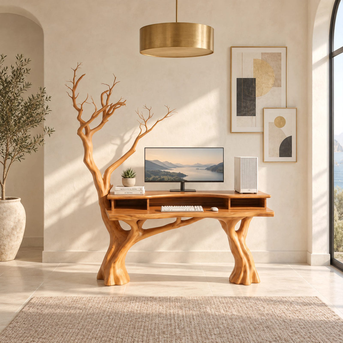 Woodland Carved Tree Trunk Desk With Tall Branches For Home Office