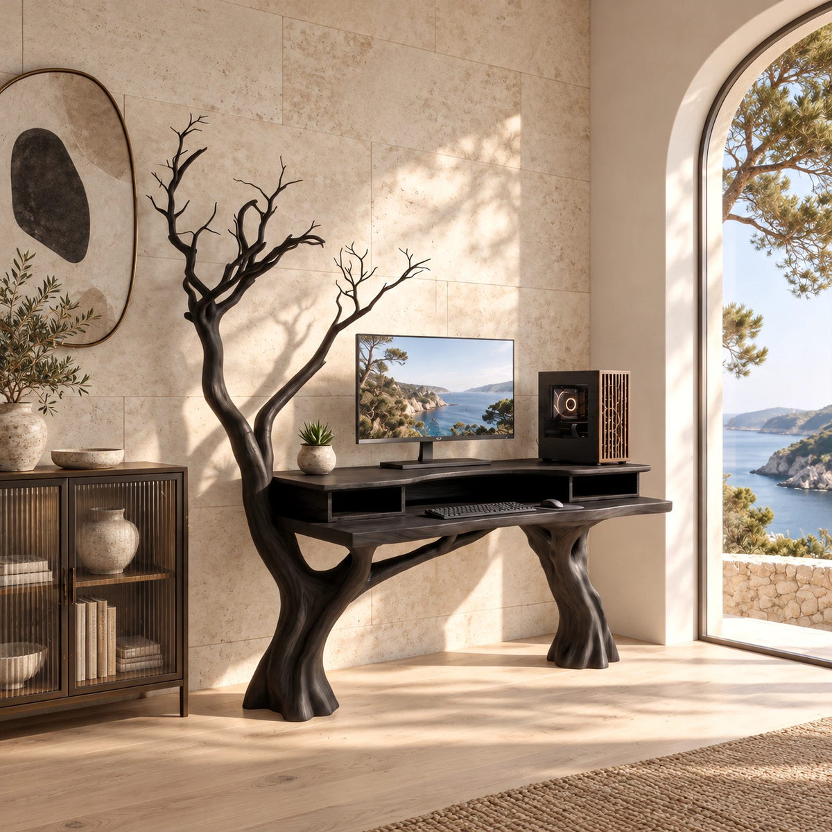Woodland Carved Tree Trunk Desk With Tall Branches For Home Office