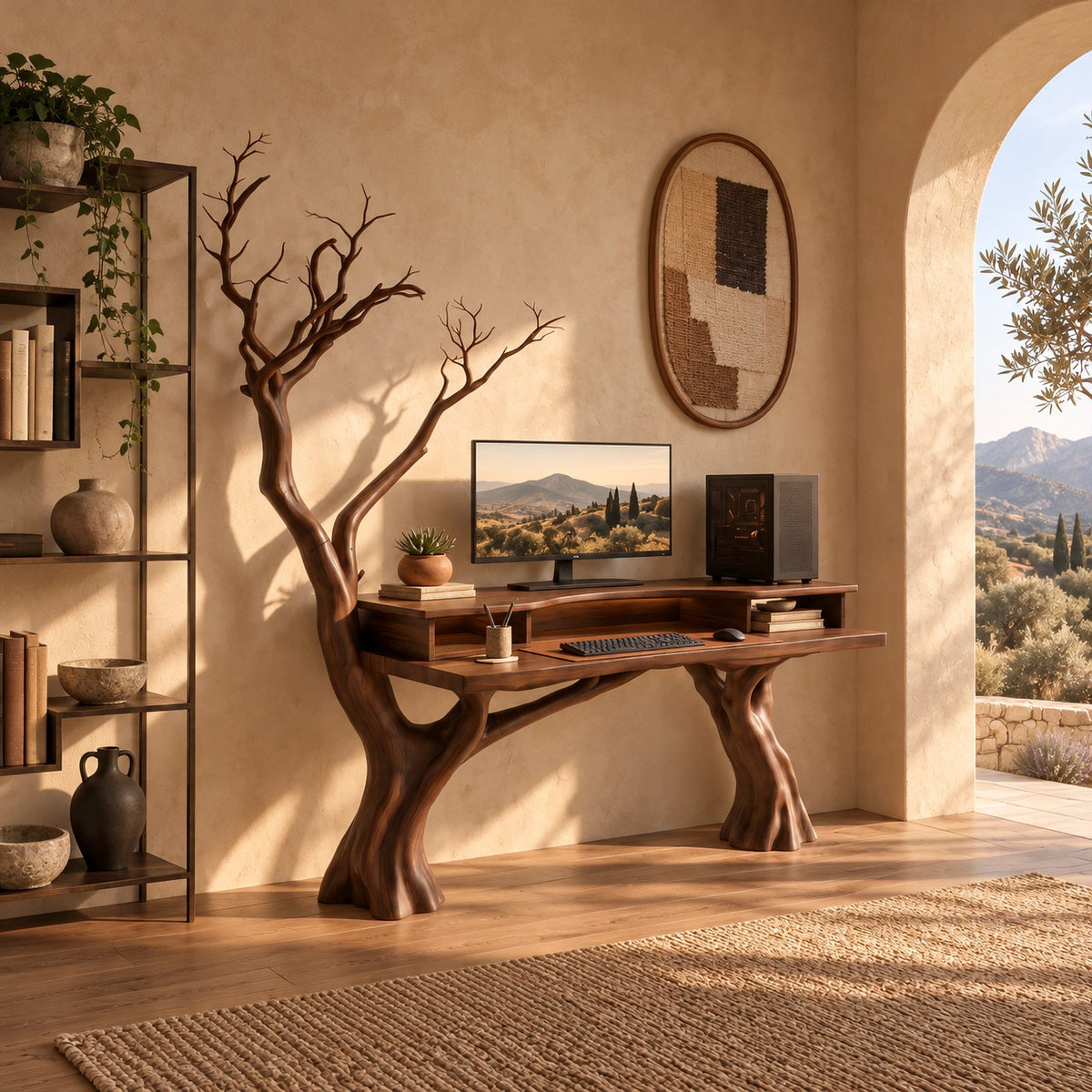 Woodland Carved Tree Trunk Desk With Tall Branches For Home Office