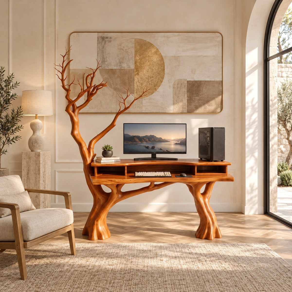 Woodland Carved Tree Trunk Desk With Tall Branches For Home Office