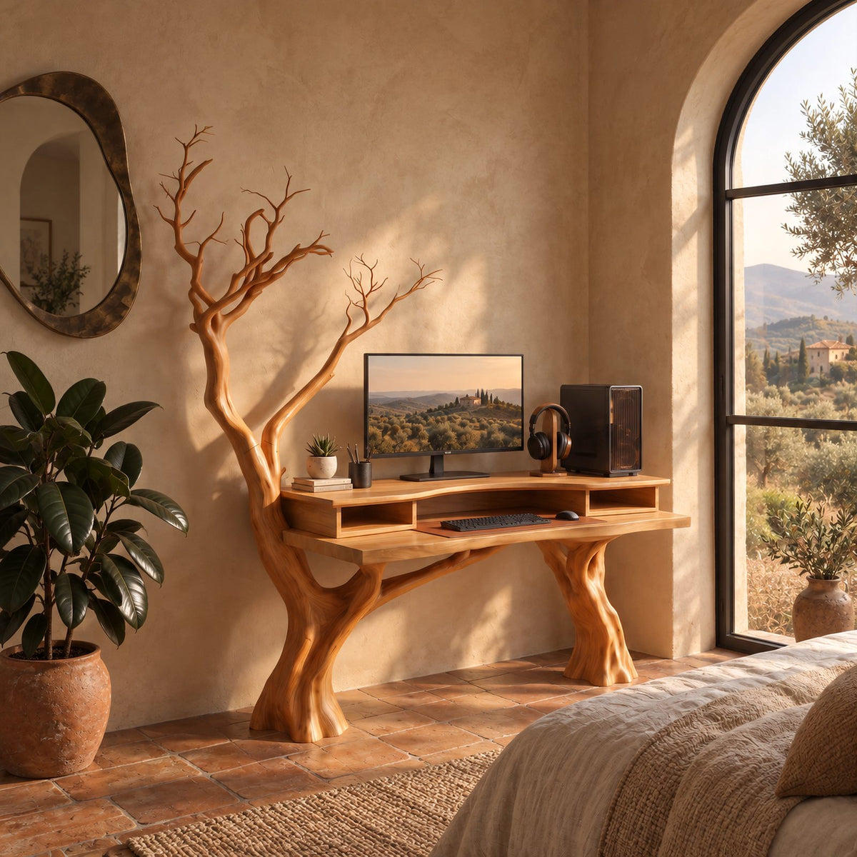 Woodland Carved Tree Trunk Desk With Tall Branches For Home Office
