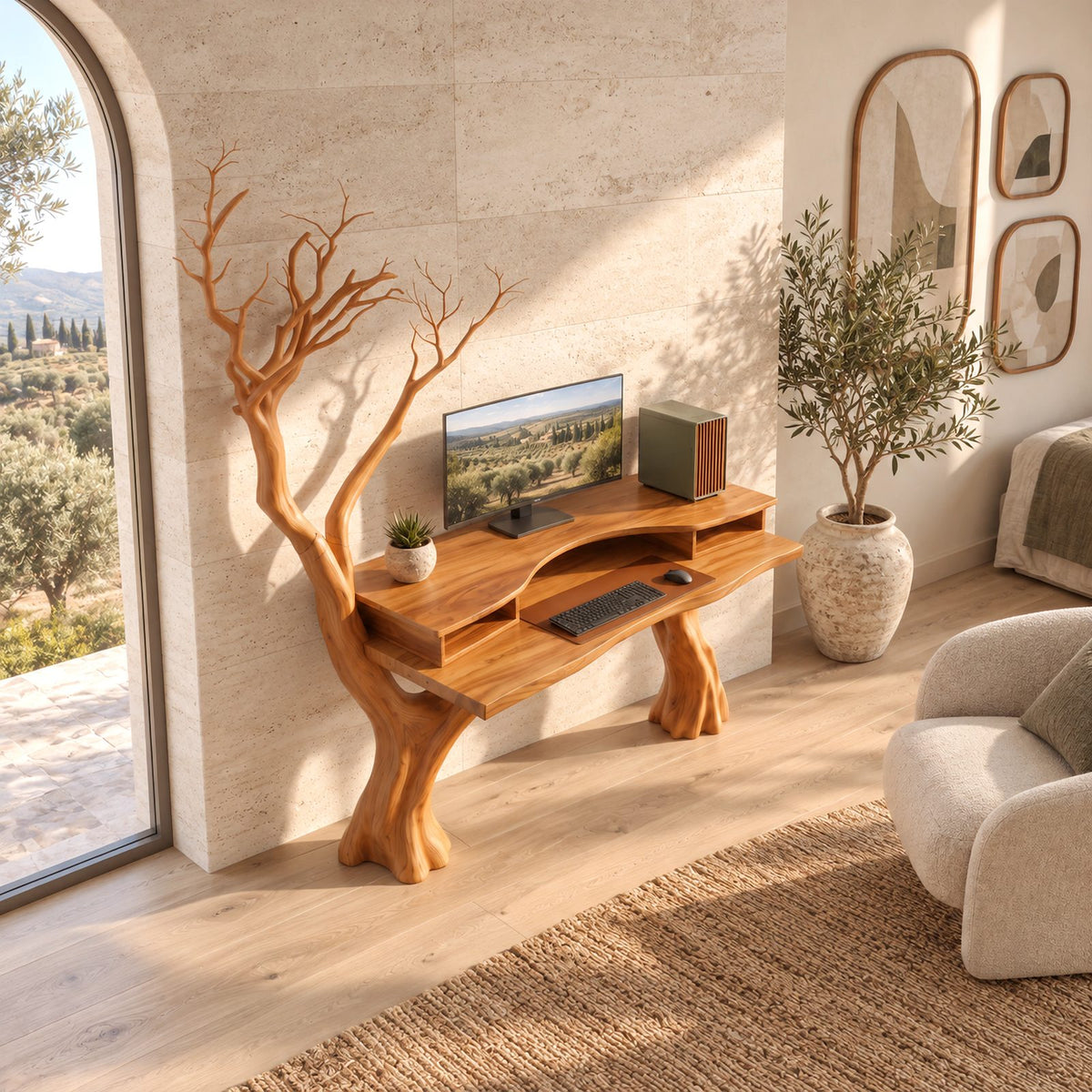 Woodland Carved Tree Trunk Desk With Tall Branches For Home Office