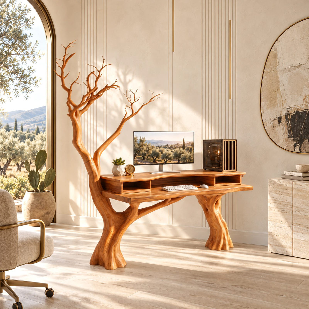 Woodland Carved Tree Trunk Desk With Tall Branches For Home Office