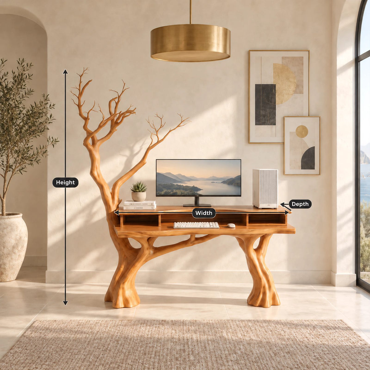 Woodland Carved Tree Trunk Desk With Tall Branches For Home Office