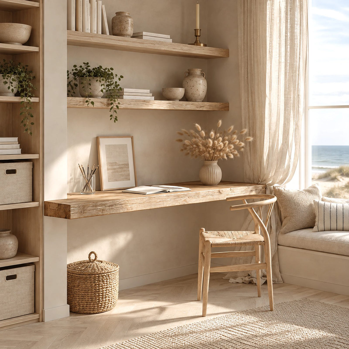 Scandinavian Solid Wood Floating Desk With Plank Top For Living Room