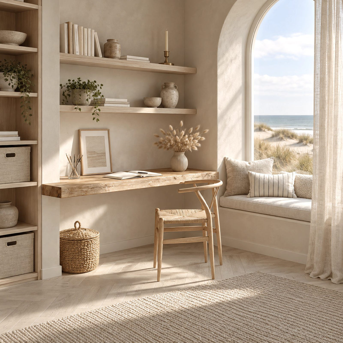 Scandinavian Solid Wood Floating Desk With Plank Top For Living Room
