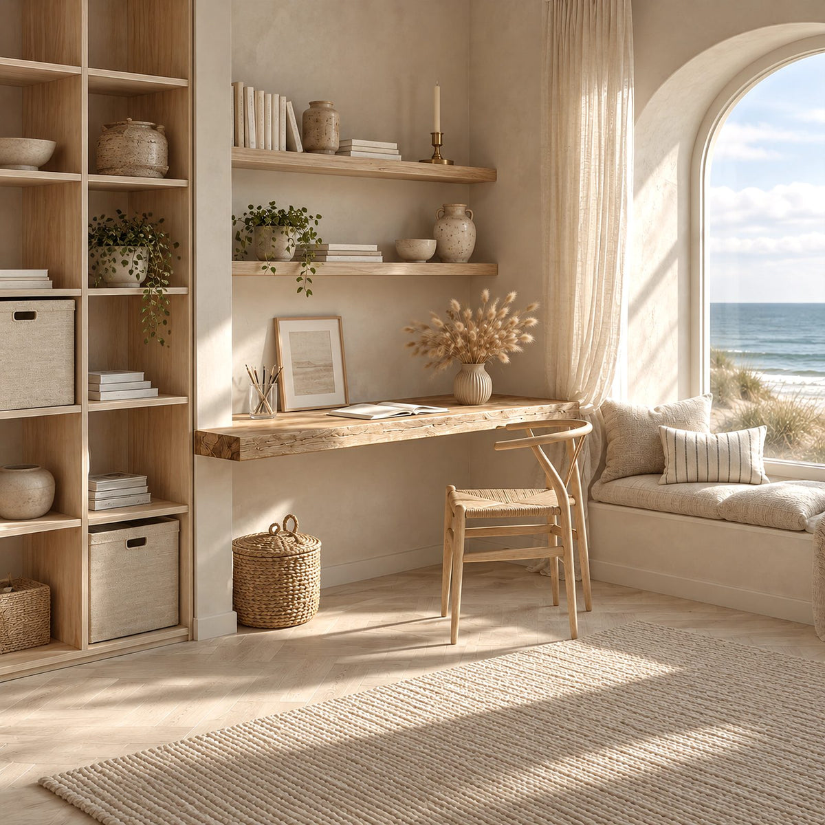 Scandinavian Solid Wood Floating Desk With Plank Top For Living Room