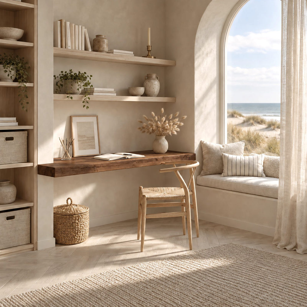 Scandinavian Solid Wood Floating Desk With Plank Top For Living Room