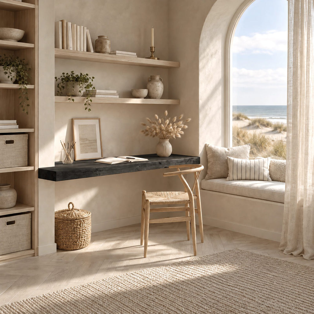Scandinavian Solid Wood Floating Desk With Plank Top For Living Room