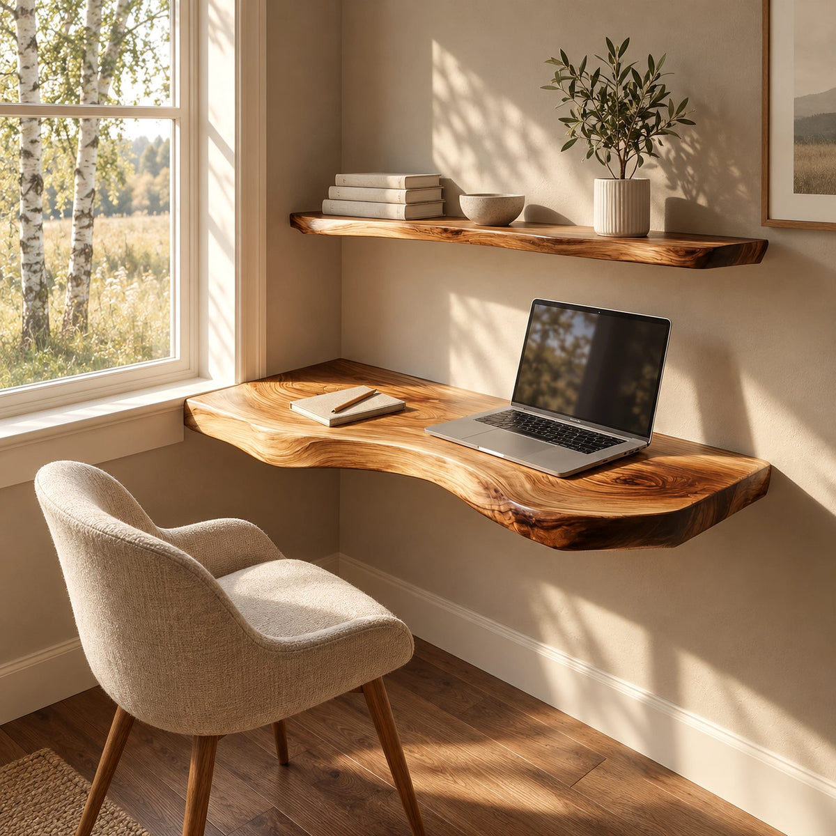 Contemporary Live Edge Floating Desk With Curved Front For Study Room