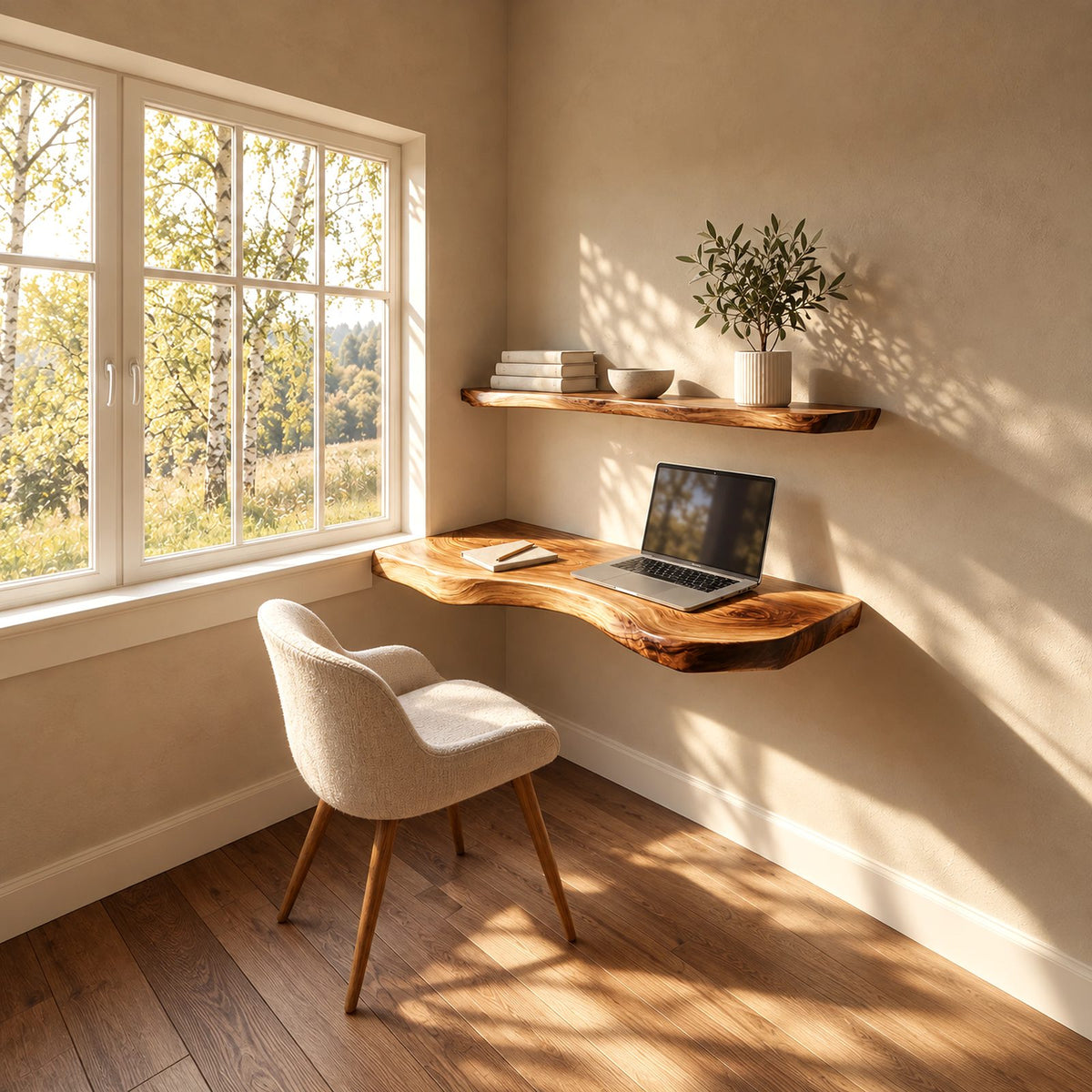 Contemporary Live Edge Floating Desk With Curved Front For Study Room