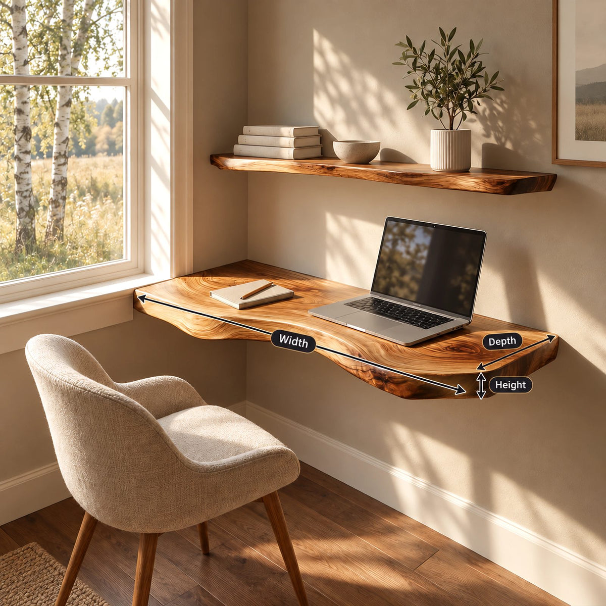 Contemporary Live Edge Floating Desk With Curved Front For Study Room