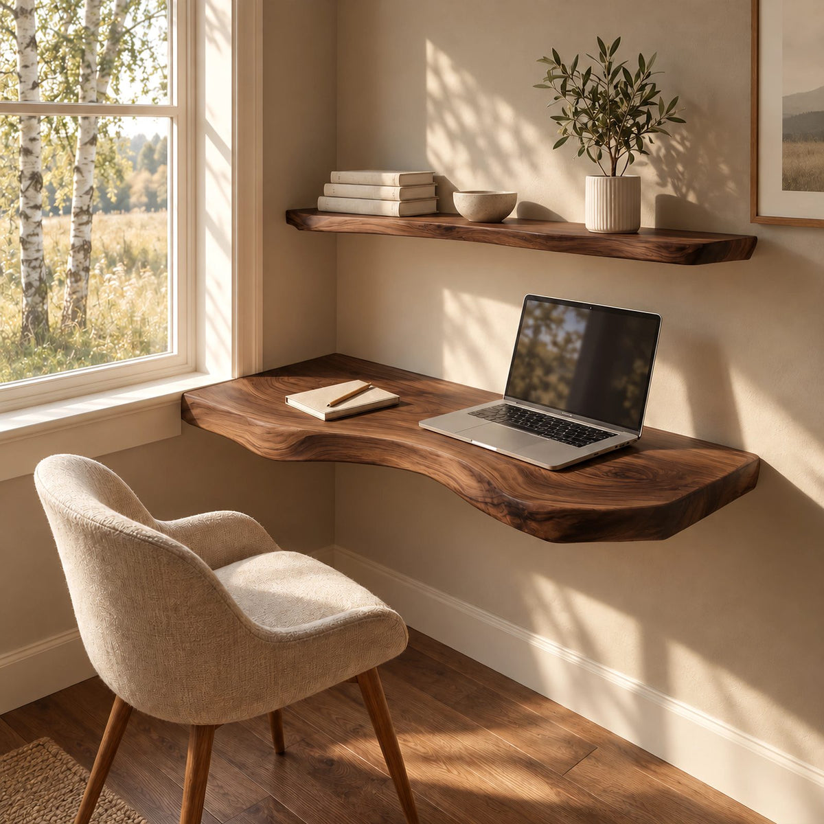 Contemporary Live Edge Floating Desk With Curved Front For Study Room
