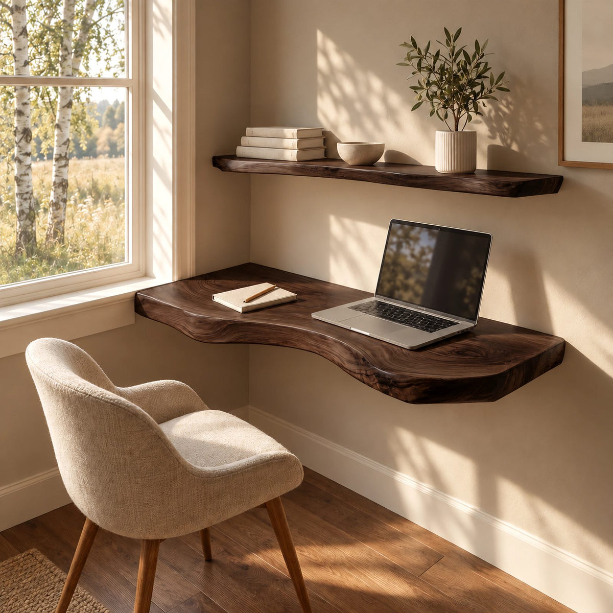 Contemporary Live Edge Floating Desk With Curved Front For Study Room