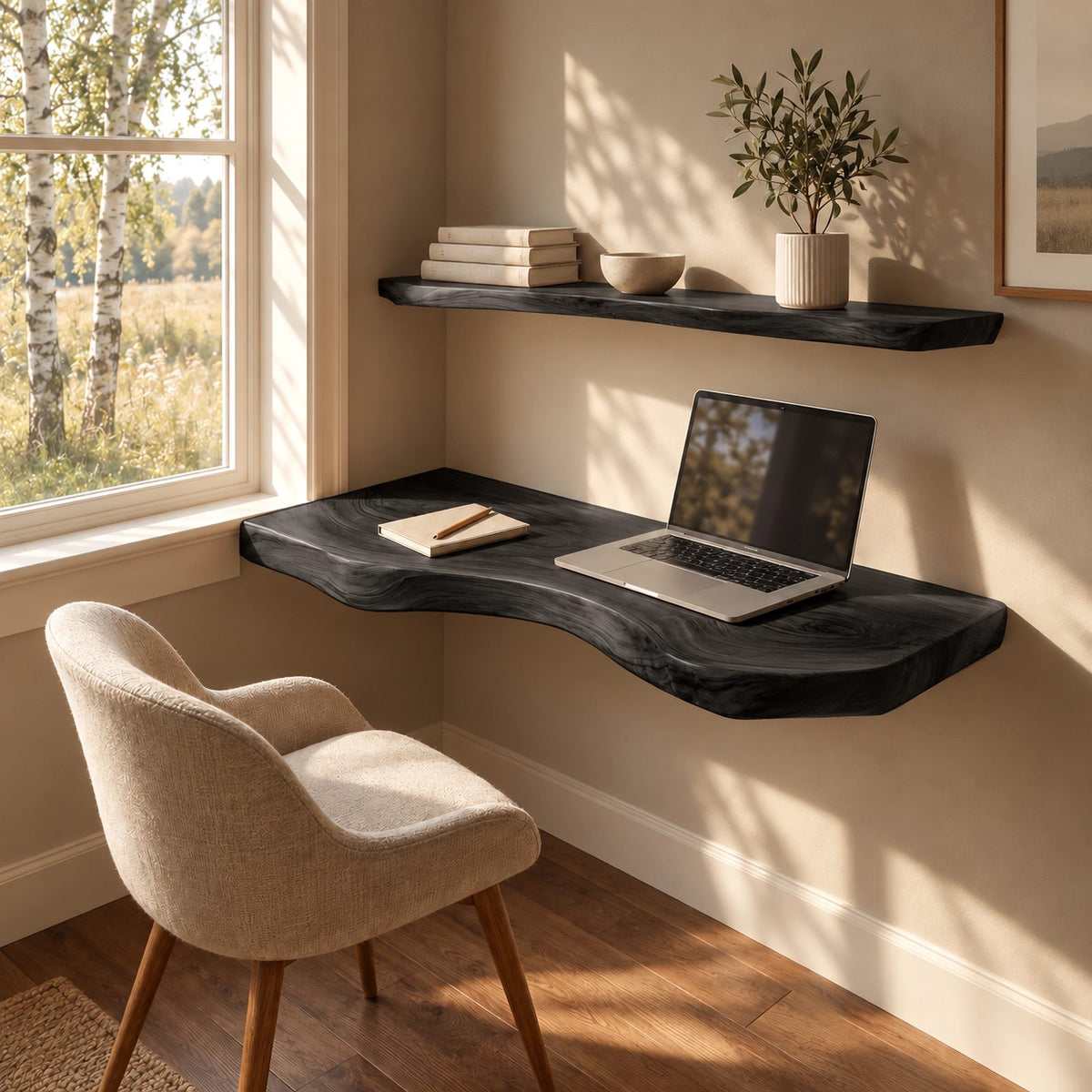 Contemporary Live Edge Floating Desk With Curved Front For Study Room