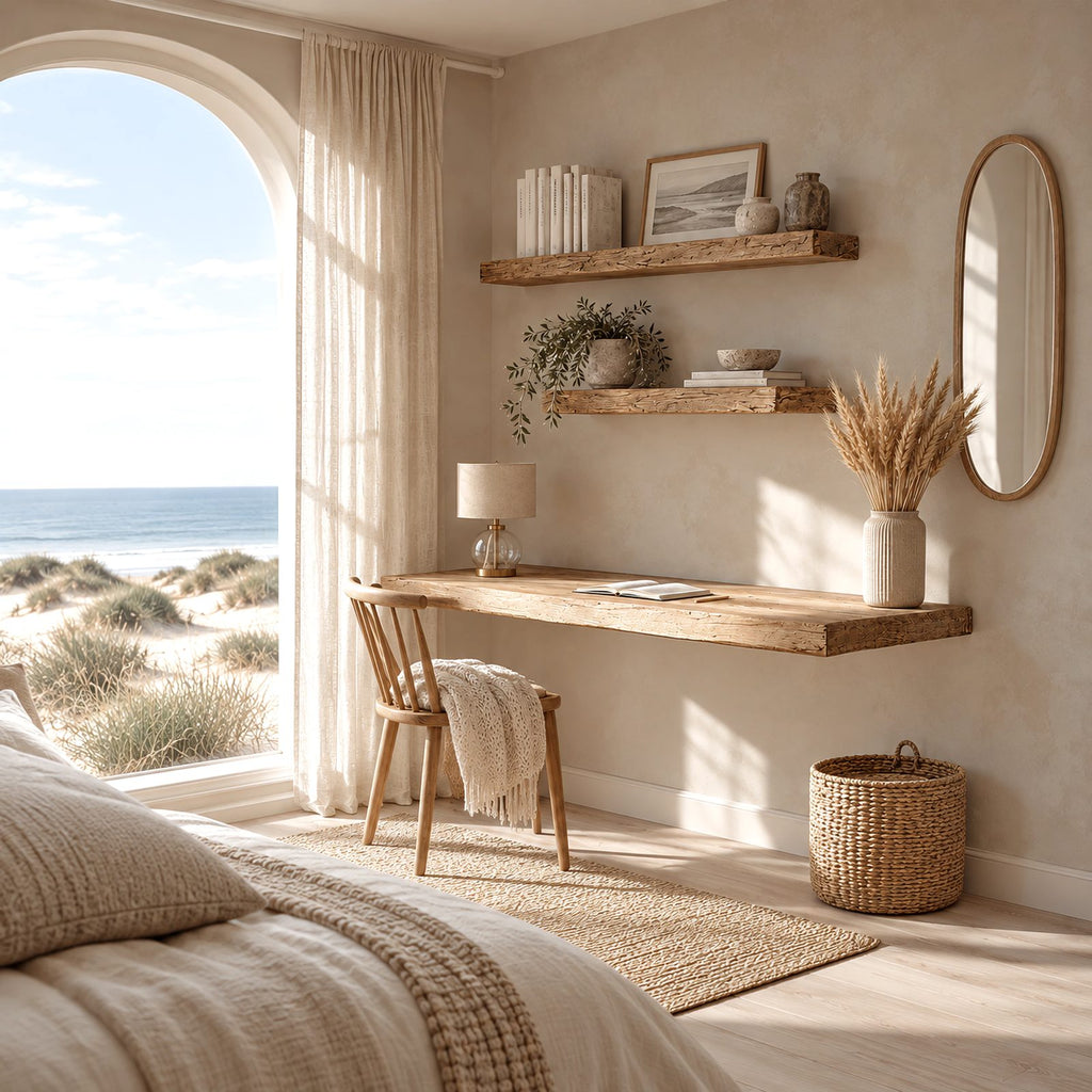 Coastal Solid Wood Floating Desk With Rounded Plank Edge For Bedroom