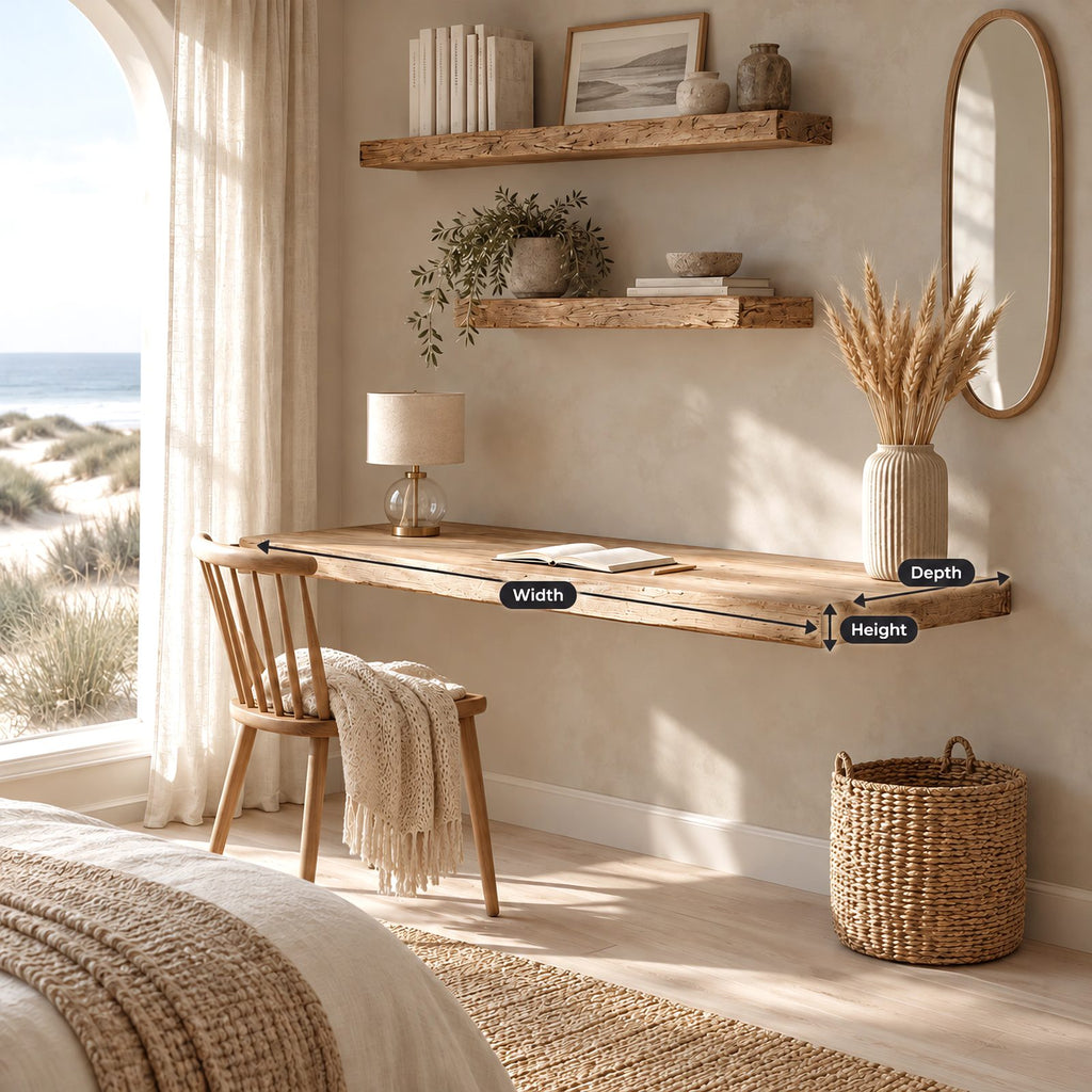 Coastal Solid Wood Floating Desk With Rounded Plank Edge For Bedroom