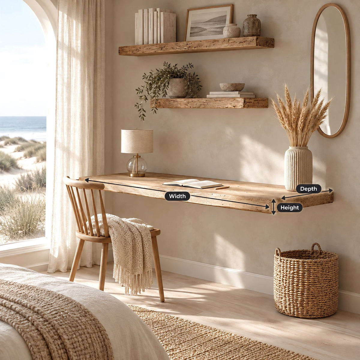 Coastal Solid Wood Floating Desk With Rounded Plank Edge For Bedroom