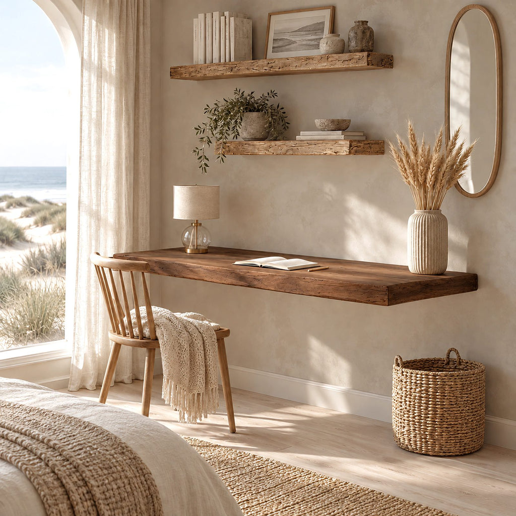 Coastal Solid Wood Floating Desk With Rounded Plank Edge For Bedroom