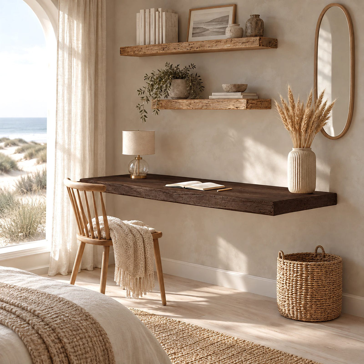 Coastal Solid Wood Floating Desk With Rounded Plank Edge For Bedroom