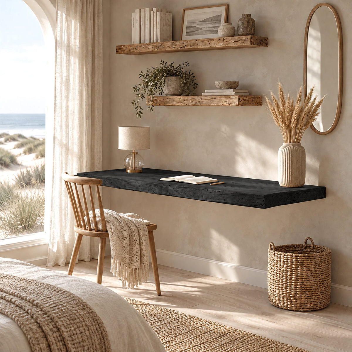 Coastal Solid Wood Floating Desk With Rounded Plank Edge For Bedroom