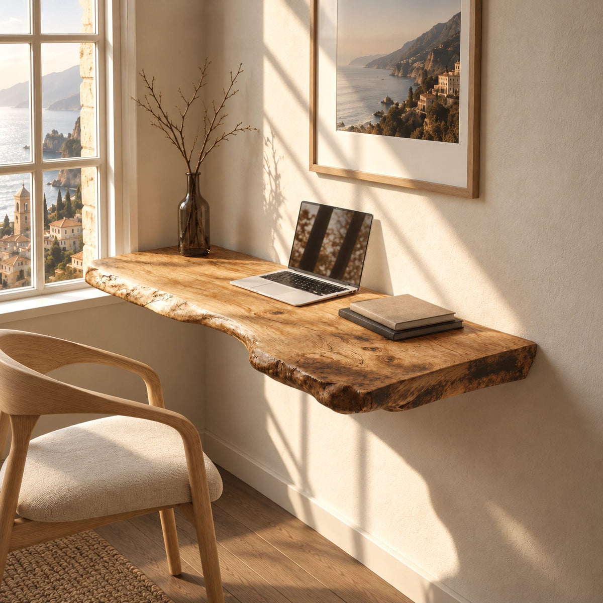 Vintage Style Thick Slab Wall Desk With Knotty Live Edge For Study Room